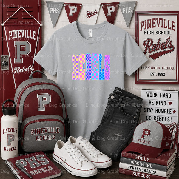 PHS REBELS Checkerboard Lightning Bolt – Pineville High School Premade DTF Transfer (view 2 of 2) – by Blind Dog Graphics...