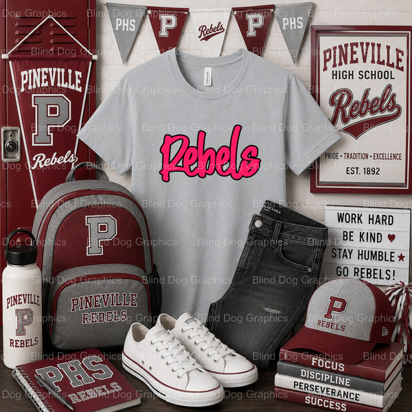 PHS REBELS PINEVILLE HIGH SCHOOL Script & Text – Pineville High School Premade DTF Transfer (view 2 of 2) – by Blind Dog G...