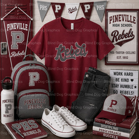 PHS Rebels Script Grunge – Pineville High School Premade DTF Transfer (view 1 of 2) – by Blind Dog Graphics – Premade Tran...