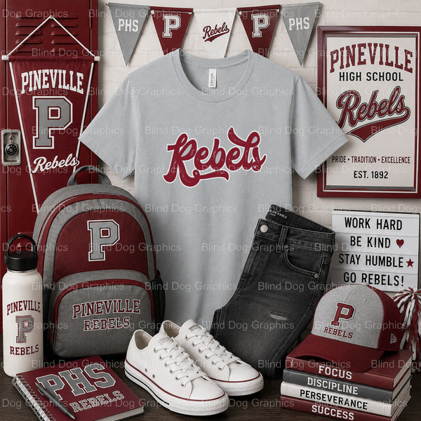 PHS Rebels Script Grunge – Pineville High School Premade DTF Transfer (view 2 of 2) – by Blind Dog Graphics – Premade Tran...