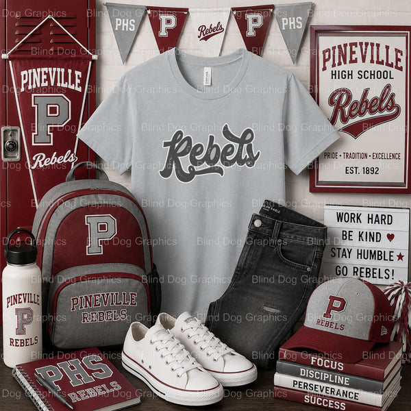 PHS Rebels Script Grunge – Pineville High School Premade DTF Transfer (view 2 of 2) – by Blind Dog Graphics – Premade Tran...
