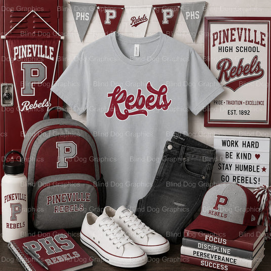 PHS Rebels Script Grunge – Pineville High School Premade DTF Transfer (view 2 of 2) – by Blind Dog Graphics – Premade Tran...