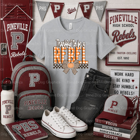 PHS Thankful To Be A Rebel – Pineville High School Premade DTF Transfer (view 2 of 2) – by Blind Dog Graphics – Premade Tr...