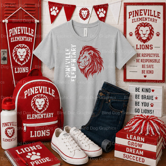 PINEVILLE ELEMENTARY LIONS – Pineville Elementary School Premade DTF Transfer – by Blind Dog Graphics – Premade Transfers...