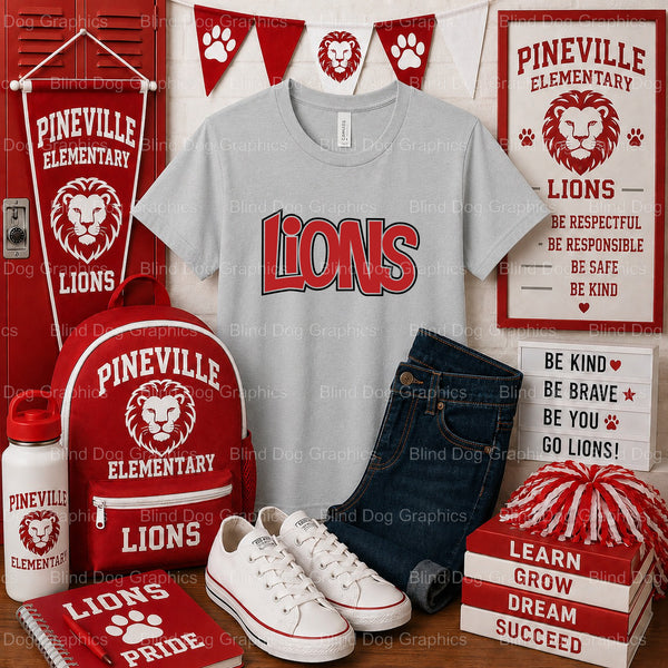 PINEVILLE ELEMENTARY LIONS – Pineville Elementary School Premade DTF Transfer – by Blind Dog Graphics – Premade Transfers...