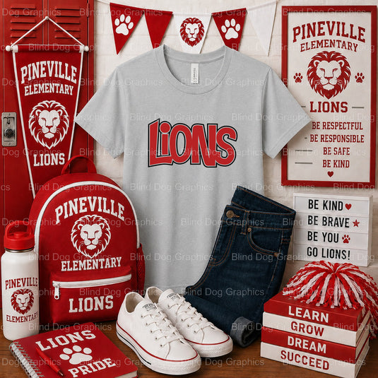 PINEVILLE ELEMENTARY LIONS – Pineville Elementary School Premade DTF Transfer – by Blind Dog Graphics – Premade Transfers...