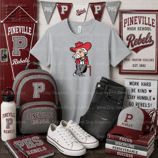 Pineville High School REBELS Mascot Graphic – Pineville High School Premade DTF Transfer (view 2 of 2) – by Blind Dog Grap...