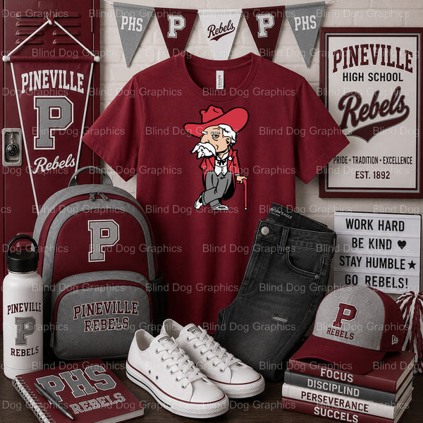 PINEVILLE HIGH SCHOOL REBELS – Pineville High School Premade DTF Transfer (view 1 of 2) – by Blind Dog Graphics – Premade...