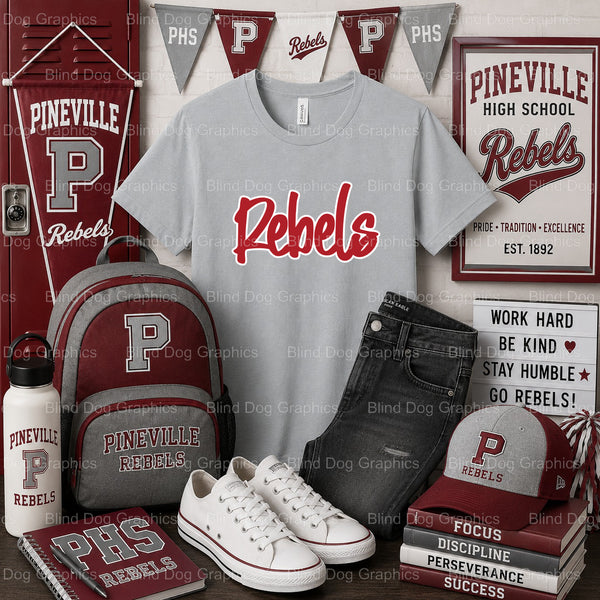 Pineville High School REBELS Script & Collegiate – Pineville High School Premade DTF Transfer (view 1 of 2) – by Blind Dog...