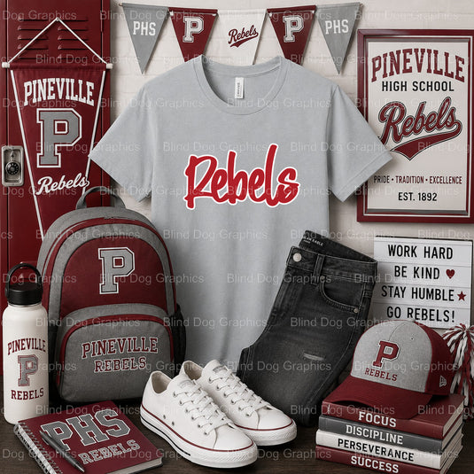 Pineville High School REBELS Script & Collegiate – Pineville High School Premade DTF Transfer (view 1 of 2) – by Blind Dog...