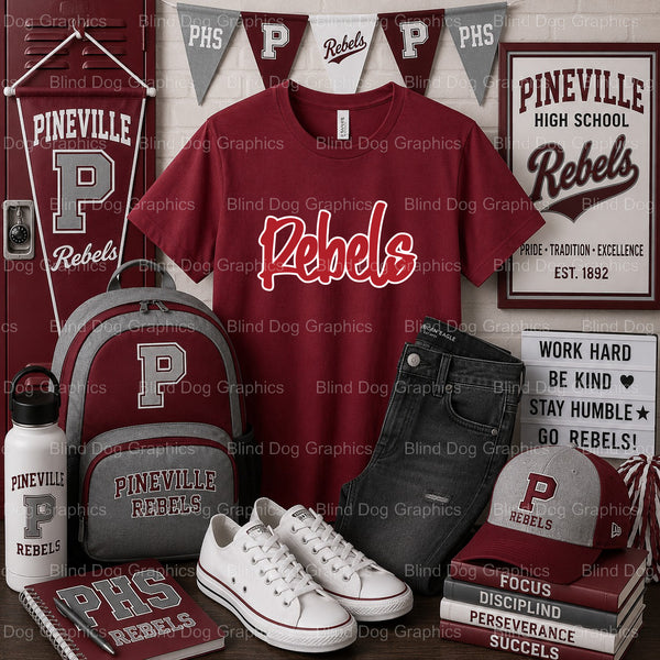 Pineville High School REBELS Script & Collegiate – Pineville High School Premade DTF Transfer (view 2 of 2) – by Blind Dog...