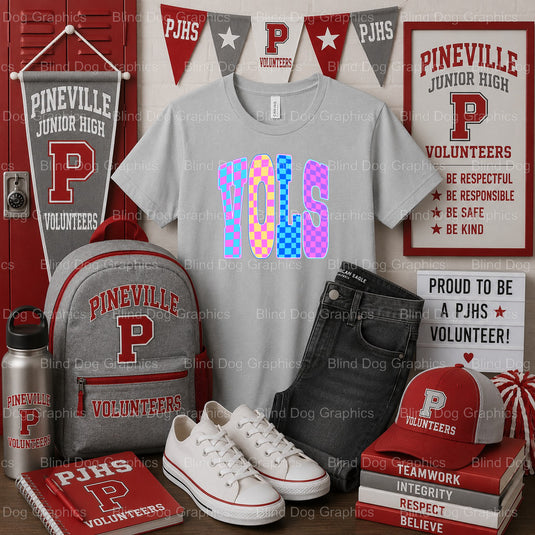 PINEVILLE JUNIOR HIGH Checkerboard P Paw Print – Pineville Junior High Premade DTF Transfer (view 1 of 2) – by Blind Dog G...