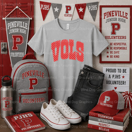 PINEVILLE JUNIOR HIGH VOLS Polka Dot Block Letters – Pineville Junior High Premade DTF Transfer (view 2 of 2) – by Blind D...