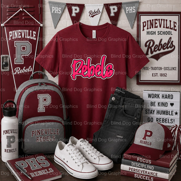 PINEVILLE P REBELS HIGH SCHOOL Mascot Logo – Pineville High School Premade DTF Transfer (view 1 of 2) – by Blind Dog Graph...