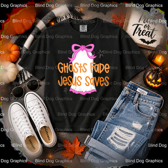 PREPPY GHOST JESUS SAVES – Halloween Premade DTF Transfer (view 2 of 2) – by Blind Dog Graphics – Premade Transfers – Hall...