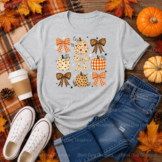 Pumpkin Collage with Bows – Fall Premade DTF Transfer (view 1 of 2) – by Blind Dog Graphics – Premade Transfers – Fall, Th...