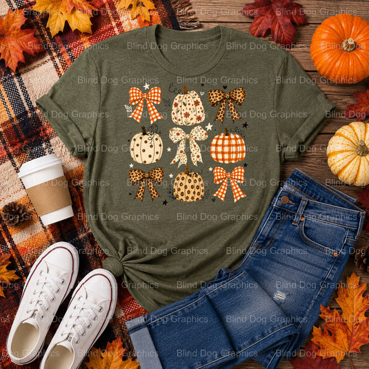 Pumpkin Collage with Bows – Fall Premade DTF Transfer (view 2 of 2) – by Blind Dog Graphics – Premade Transfers – Fall, Th...