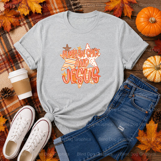 PUMPKIN SPICE and JESUS – Fall Premade DTF Transfer (view 1 of 2) – by Blind Dog Graphics – Premade Transfers – Fall, Than...