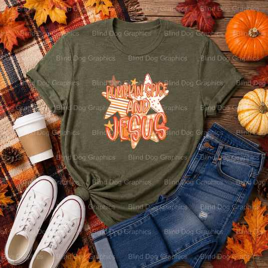 PUMPKIN SPICE and JESUS – Fall Premade DTF Transfer (view 2 of 2) – by Blind Dog Graphics – Premade Transfers – Fall, Than...