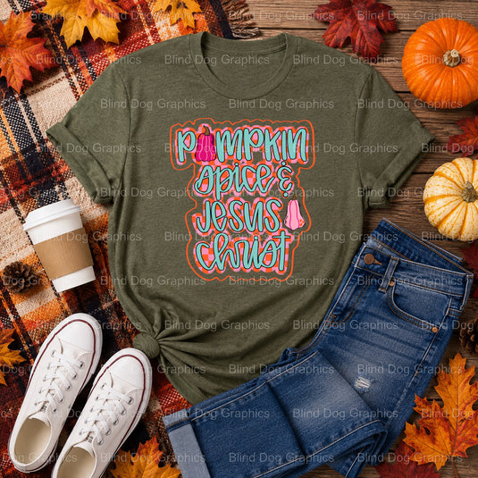 PUMPKIN SPICE & JESUS CHRIST – Fall Premade DTF Transfer (view 2 of 2) – by Blind Dog Graphics – Premade Transfers – Fall,...