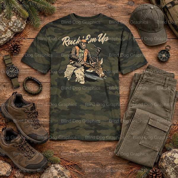 RACK EM UP - Bigfoot Deer Hunting Premade DTF Transfer (view 1 of 2) – by Blind Dog Graphics – Premade Transfers – Hunting...