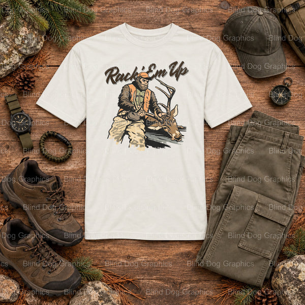 RACK 'EM UP - Bigfoot Hunting Premade DTF Transfer (view 1 of 2) – by Blind Dog Graphics – Premade Transfers – Hunting, Ou...