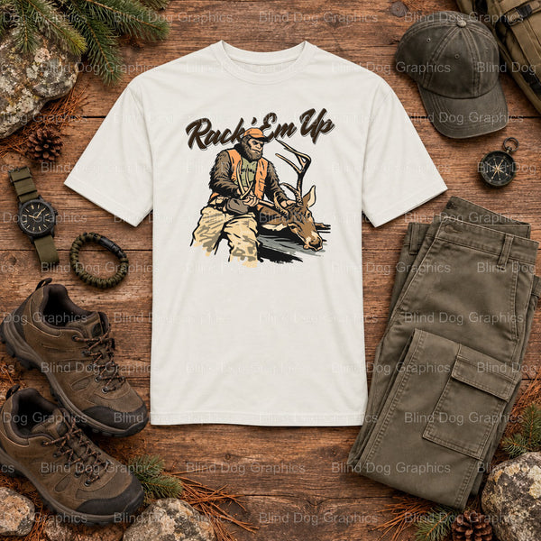 Rack 'Em Up Bigfoot - Hunting Premade DTF Transfer (view 2 of 2) – by Blind Dog Graphics – Premade Transfers – Hunting, Ou...