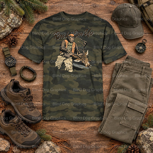 RACK 'EM UP - Bigfoot Hunting Premade DTF Transfer (view 2 of 2) – by Blind Dog Graphics – Premade Transfers – Hunting, Ou...