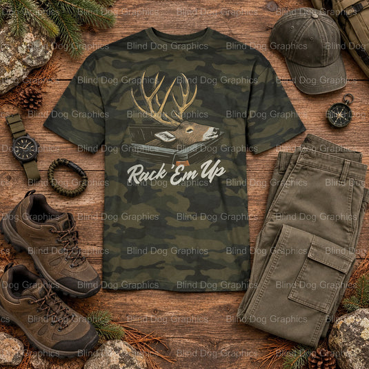 RACK 'EM UP DEER HUNTING SEASON - Hunting DTF Transfer (view 1 of 2) – by Blind Dog Graphics – Premade Transfers – Hunting...