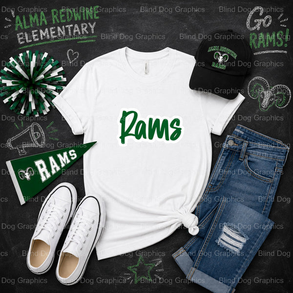RAMS ALMA REDWINE ELEMENTARY – Alma Redwine Elementary Premade DTF Transfer (view 1 of 2) – by Blind Dog Graphics – Premad...