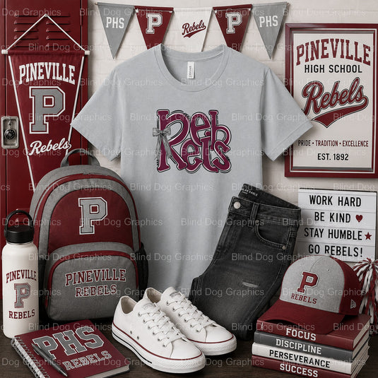 REBELS PINEVILLE HIGH SCHOOL – Maroon & White Collegiate Spirit Premade DTF Transfer (view 2 of 2) – by Blind Dog Graphics...