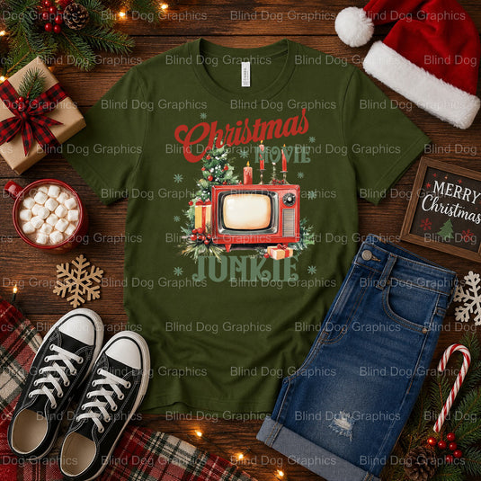 RETRO CHRISTMAS MOVIE JUNKIE – Christmas Premade DTF Transfer (view 1 of 2) – by Blind Dog Graphics – Premade Transfers –...
