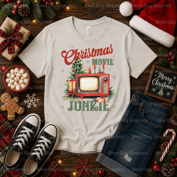 RETRO CHRISTMAS MOVIE JUNKIE – Christmas Premade DTF Transfer (view 2 of 2) – by Blind Dog Graphics – Premade Transfers –...