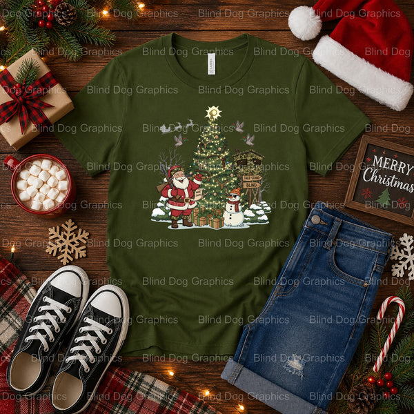 Santa, Deer, and Christmas Tree with Shotgun – Christmas Premade DTF Transfer (view 1 of 2) – by Blind Dog Graphics – Prem...