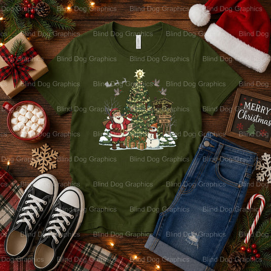 Santa, Deer, and Christmas Tree with Shotgun – Christmas Premade DTF Transfer (view 1 of 2) – by Blind Dog Graphics – Prem...