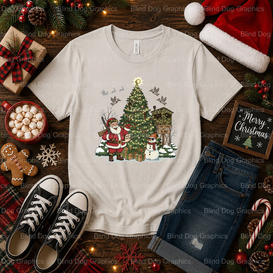 Santa, Deer, and Christmas Tree with Shotgun – Christmas Premade DTF Transfer (view 2 of 2) – by Blind Dog Graphics – Prem...
