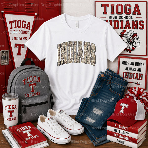 THS INDIANS Camo Text Block – Tioga High School Premade DTF Transfer (view 1 of 2) – by Blind Dog Graphics – Premade Trans...