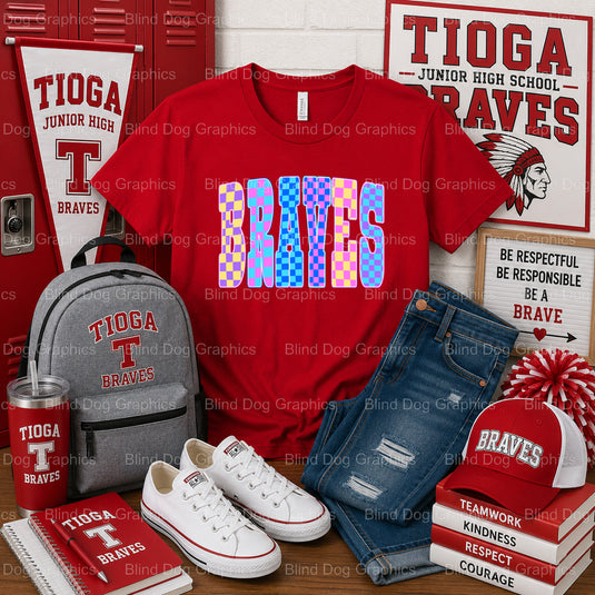 TIOGA BRAVES JUNIOR HIGH – Tioga Junior High School Premade DTF Transfer (view 1 of 2) – by Blind Dog Graphics – Premade T...