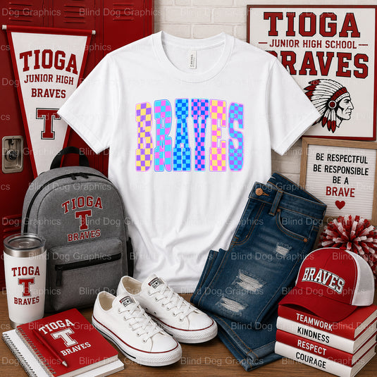 TIOGA BRAVES JUNIOR HIGH – Tioga Junior High School Premade DTF Transfer (view 2 of 2) – by Blind Dog Graphics – Premade T...