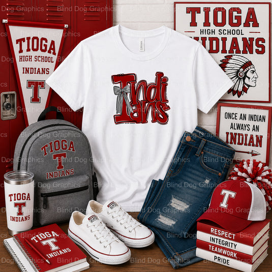 Tioga High School Indians Red Black Bow – Tioga High School Premade DTF Transfer (view 1 of 2) – by Blind Dog Graphics – P...