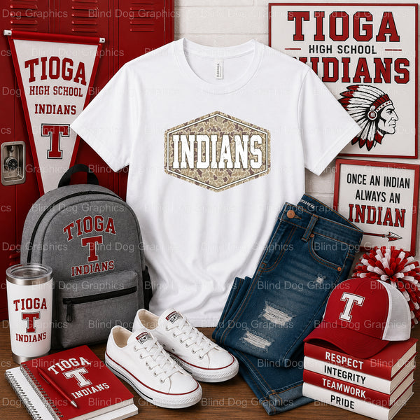 Tioga High School THS INDIANS Distressed Camo Hexagon – Premade DTF Transfer (view 1 of 2) – by Blind Dog Graphics – Prema...