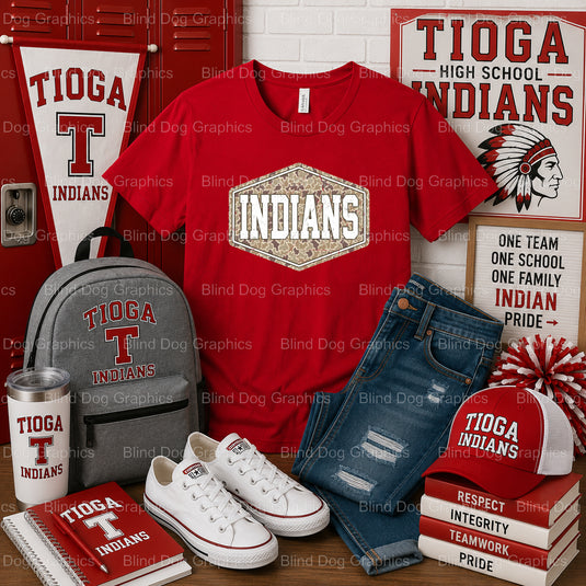 Tioga High School THS INDIANS Distressed Camo Hexagon – Premade DTF Transfer (view 2 of 2) – by Blind Dog Graphics – Prema...