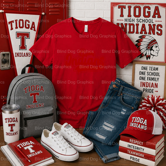 TIOGA HIGH SCHOOL Wordmark & Stylized O – Tioga High School Premade DTF Transfer (view 2 of 2) – by Blind Dog Graphics – P...