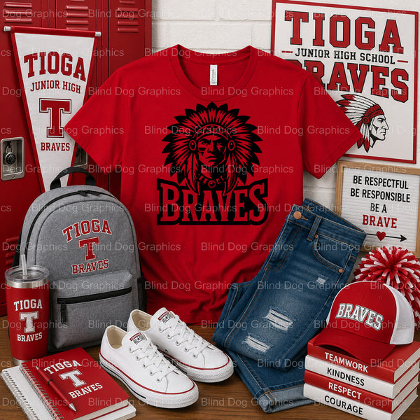 TIOGA JUNIOR HIGH BRAVES SCHOOL – Tioga Junior High School Premade DTF Transfer (view 1 of 2) – by Blind Dog Graphics – Pr...