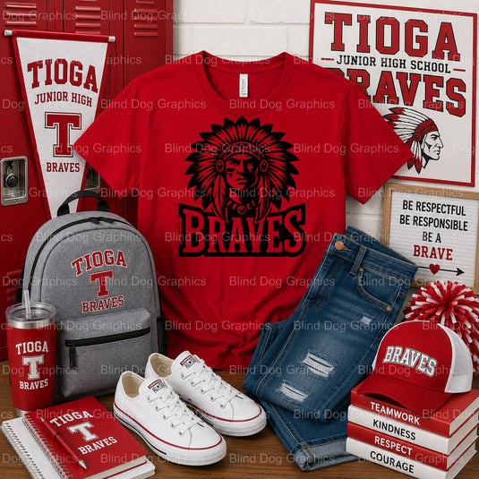 TIOGA JUNIOR HIGH BRAVES SCHOOL – Tioga Junior High School Premade DTF Transfer (view 1 of 2) – by Blind Dog Graphics – Pr...