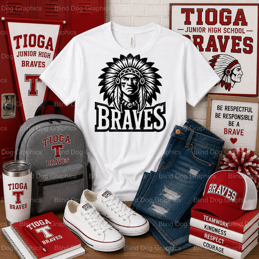 TIOGA JUNIOR HIGH BRAVES SCHOOL – Tioga Junior High School Premade DTF Transfer (view 2 of 2) – by Blind Dog Graphics – Pr...