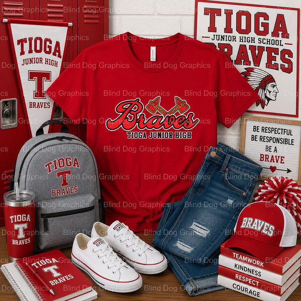 TIOGA JUNIOR HIGH SCHOOL BRAVES Feather Arrow Design – Tioga Junior High School Premade DTF Transfer (view 1 of 2) – by Bl...