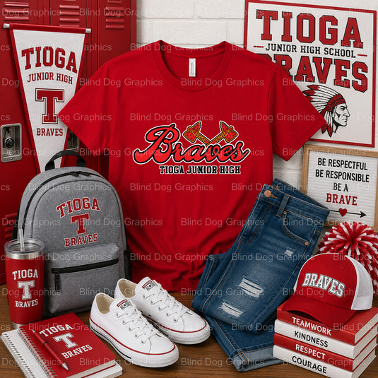 TIOGA JUNIOR HIGH SCHOOL BRAVES Feather Arrow Design – Tioga Junior High School Premade DTF Transfer (view 1 of 2) – by Bl...