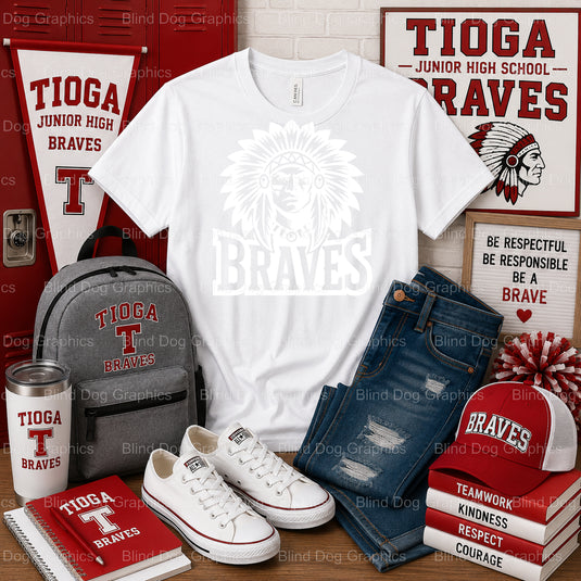 TIOGA JUNIOR HIGH SCHOOL BRAVES Mascot – Tioga Junior High School Premade DTF Transfer (view 1 of 2) – by Blind Dog Graphi...