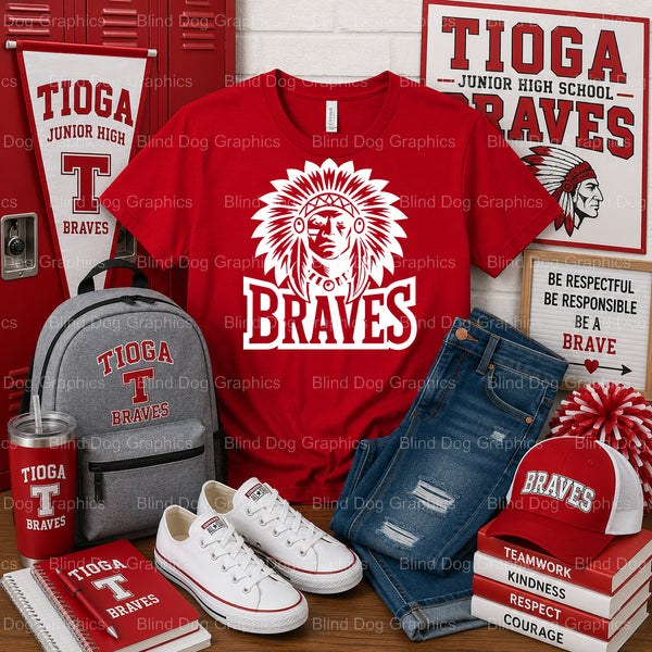 TIOGA JUNIOR HIGH SCHOOL BRAVES Mascot – Tioga Junior High School Premade DTF Transfer (view 2 of 2) – by Blind Dog Graphi...